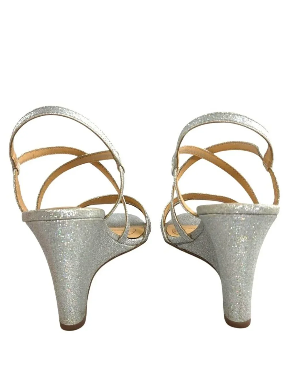American Glamour by Badgley Mischka Silver Rhinestone Strappy Wedge Sandals 8